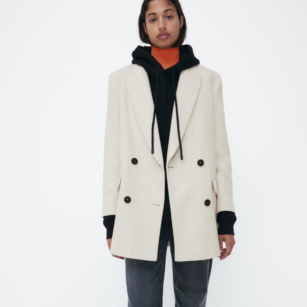 Zara Double-Breasted Cream Blazer Coat - Picture 2 of 10